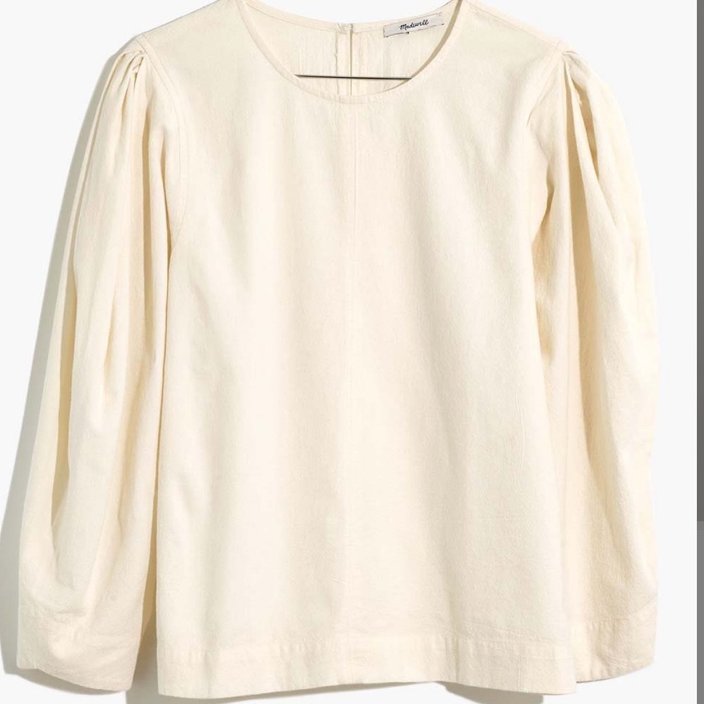 Madewell Lighthouse Ivory Crepe Pleated Puff-Sleeve Top Size Large
